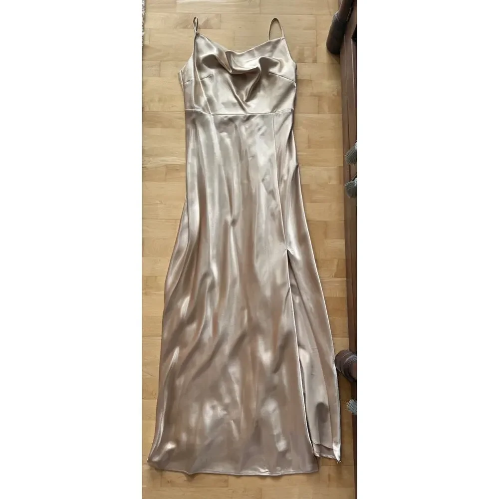 Birdie Grey Lisa Shiny Satin Draped Dress Gold Champagne L - Picture 2 of 3